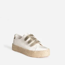 Tennis beige toile jacquard léopard scratchs dorés