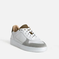 Tennis blanche, grise, kaki cuir bi-matière