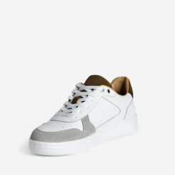 Tennis blanche, grise, kaki cuir bi-matière