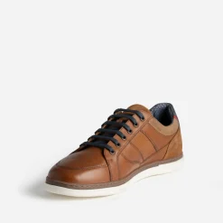Tennis cognac cuir contrefort bleu marine