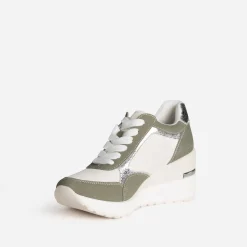 Tennis compensée kaki, blanc, argent métallisé