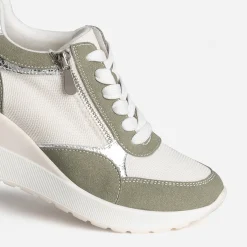 Tennis compensée kaki, blanc, argent métallisé