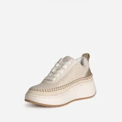 Tennis TEXTO beige tressage doré et surpiqûre contrastée