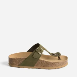 Tong anatomique kaki en cuir velours à plateforme