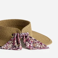 Visière TEXTO beige en paille avec ruban imprimé prune